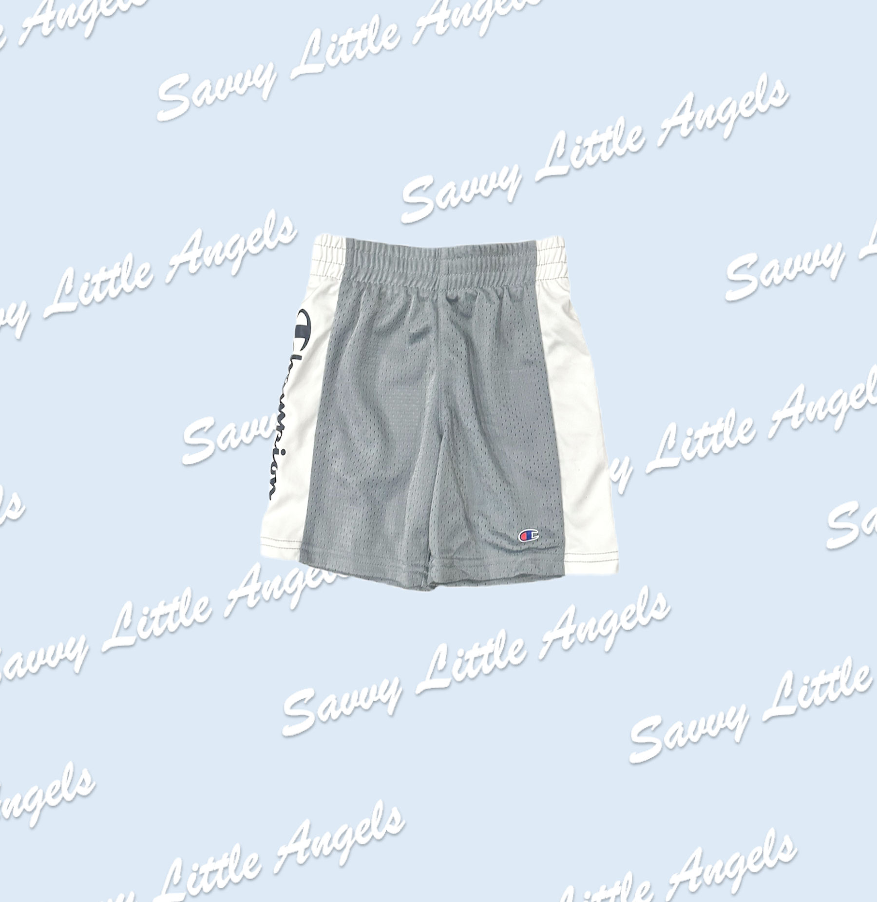 front of Grey & White Champion Shorts