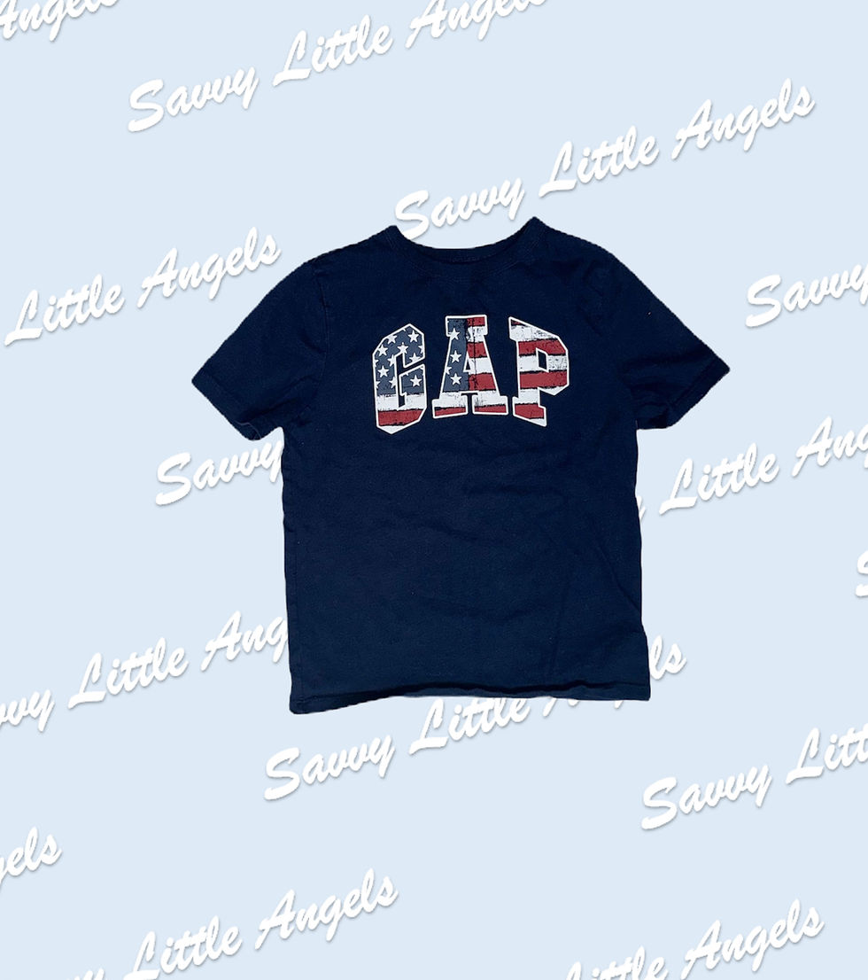 front of american flag Gap shirt