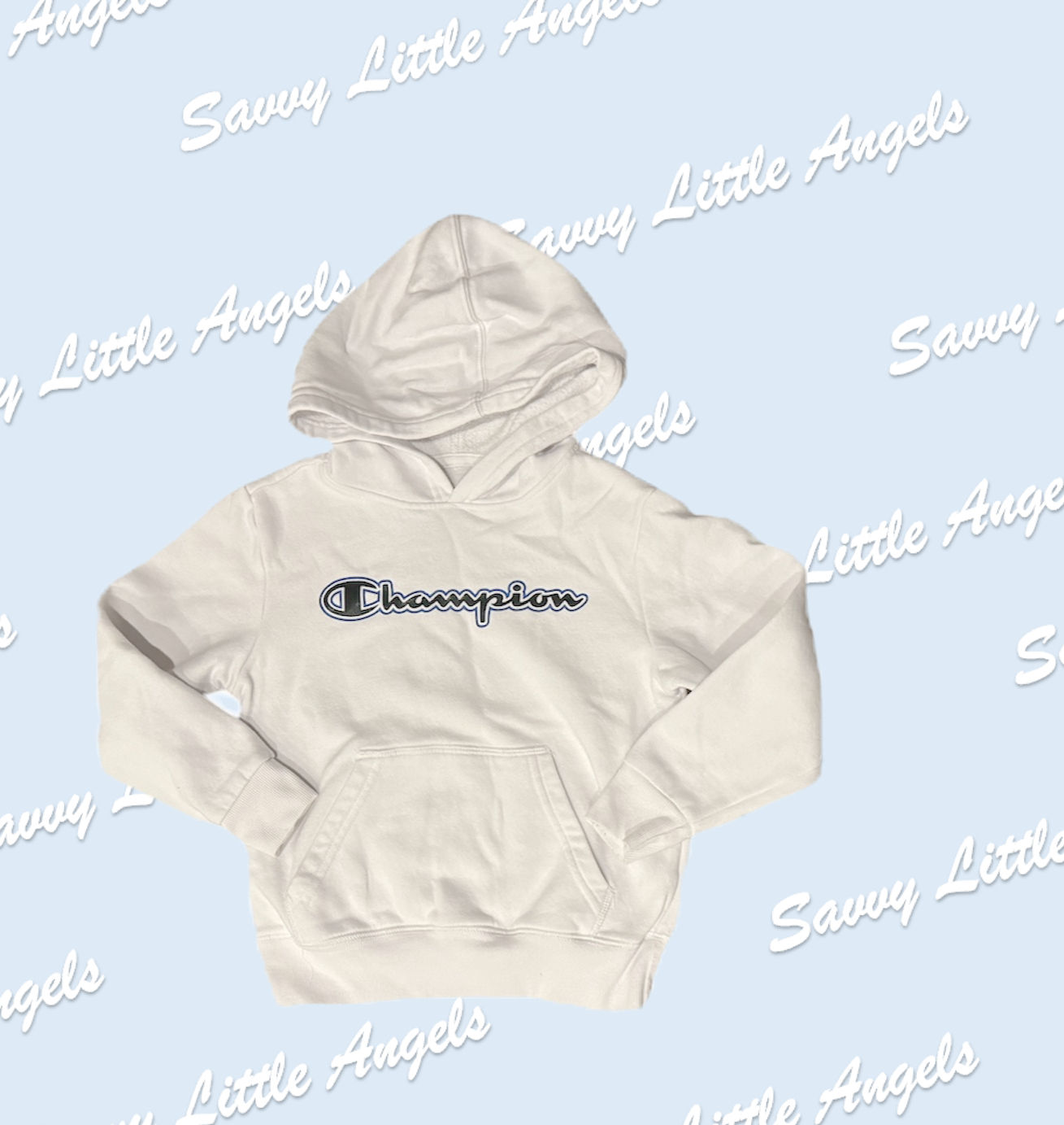 front of White Champion Hoodie arms in