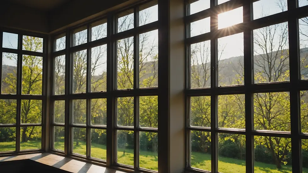 Eye-level view of sparkling windows in natural sunlight