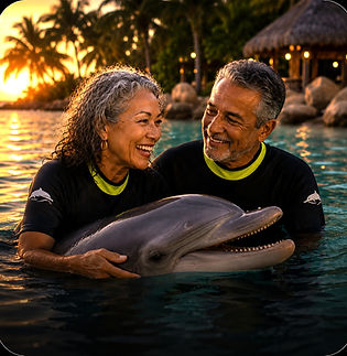 Seniors swimming with dolphins at sunset
