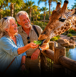 seniors feeding giraffes near the Villages