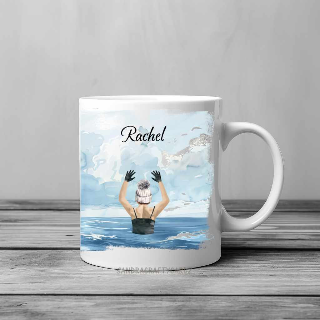 Personalised cold water swimming mug with illustrated wild swimmer, a unique gift for sea dipping enthusiasts