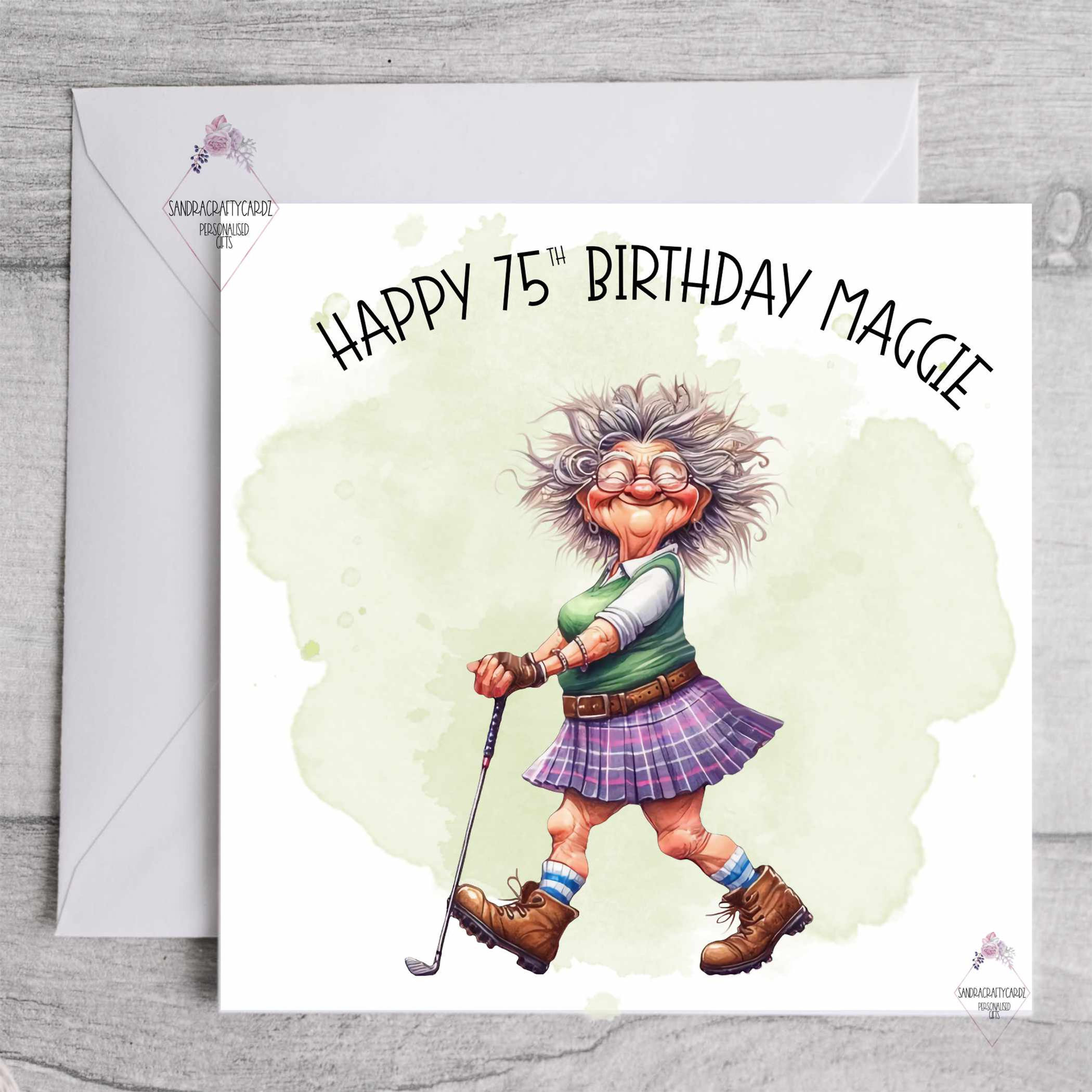Lady Golfer Personalised Cartoon theme Age and Name Birthday Greeting Card
