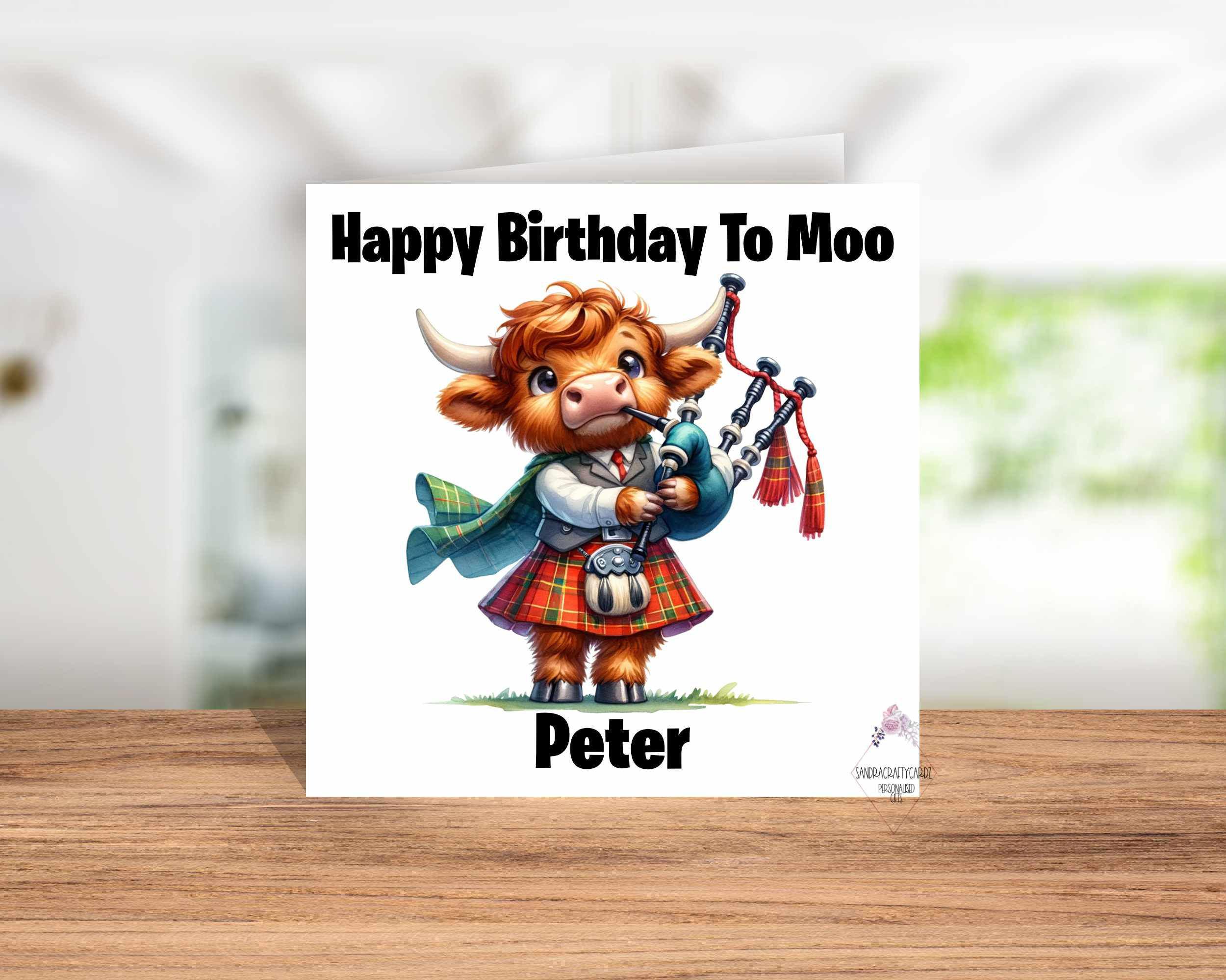 Highland Cow Personalised Birthday Card – Custom Bagpipes Design for Dad Grandad