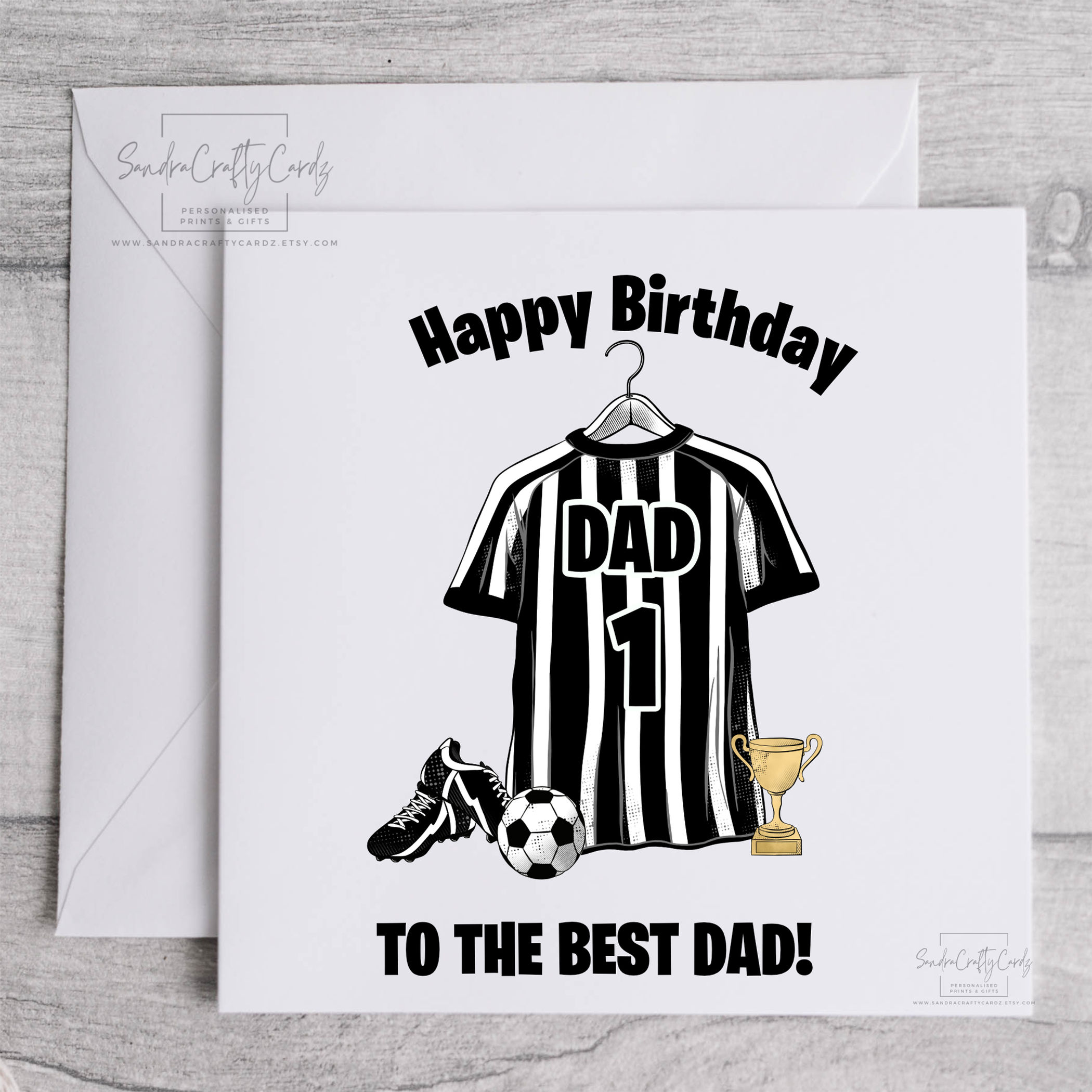 Personalised Football Birthday Card, Black White Stripe Shirt Dad Gift