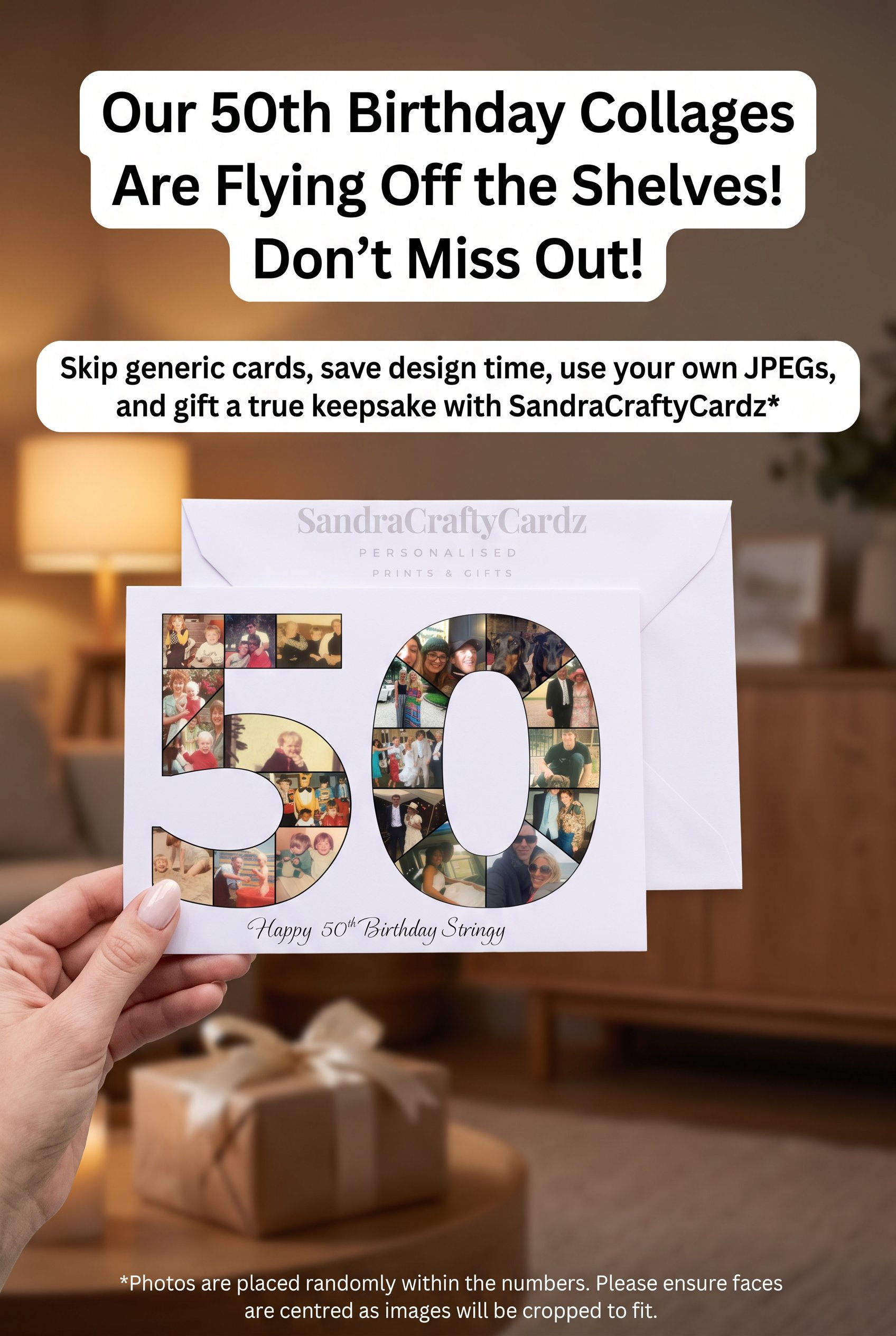 A personalised 50th birthday card featuring a large number 50 filled with a photo collage of memorable moments