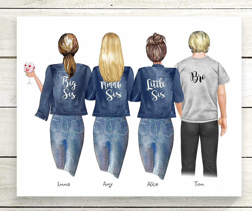 Thumbnail: Personalised Sisters and Brother Portrait Print: Custom Family Gift Christmas Bi