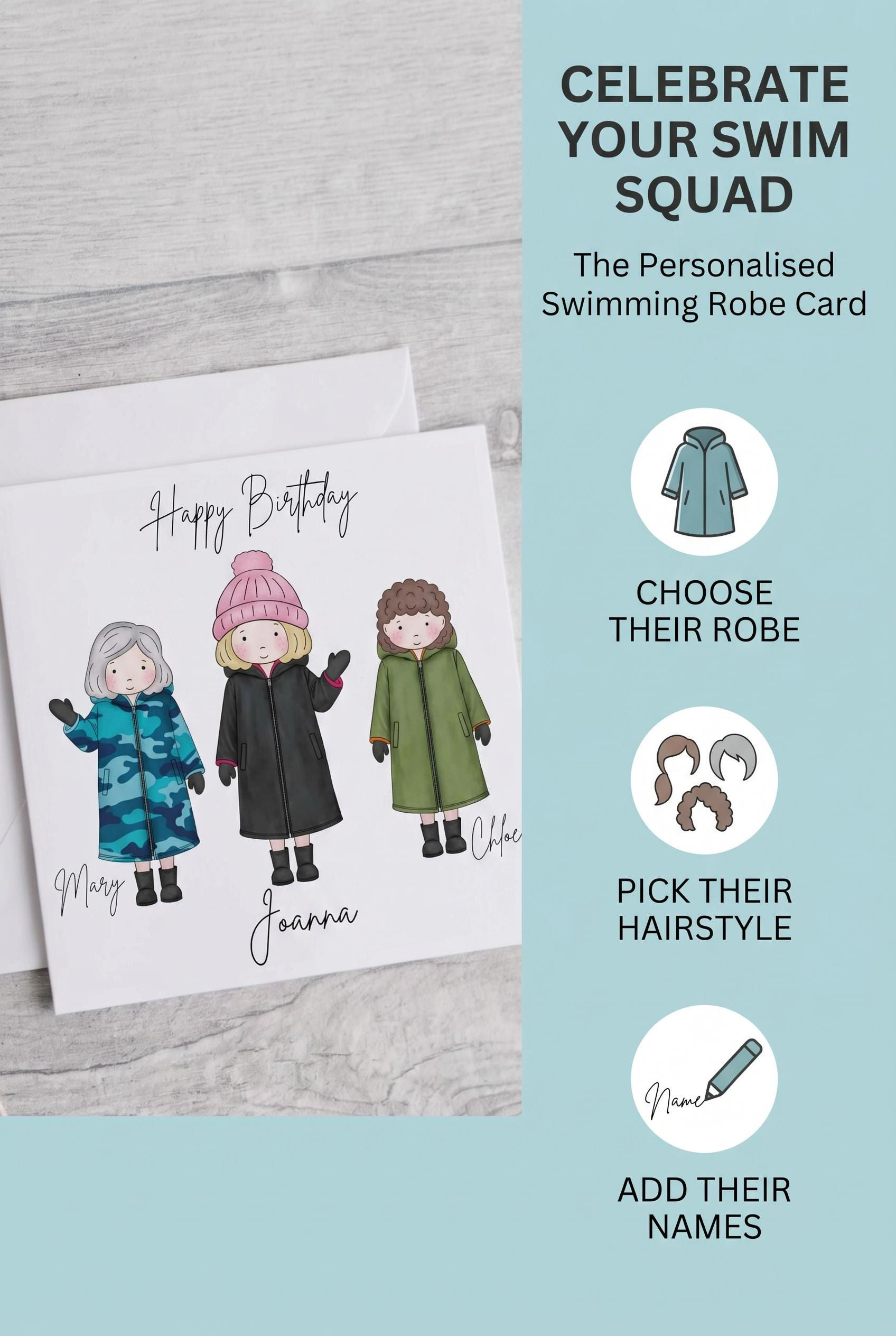 Personalised Drying robe Style Ladies Birthday Card • Swimming Robe Greeting •
