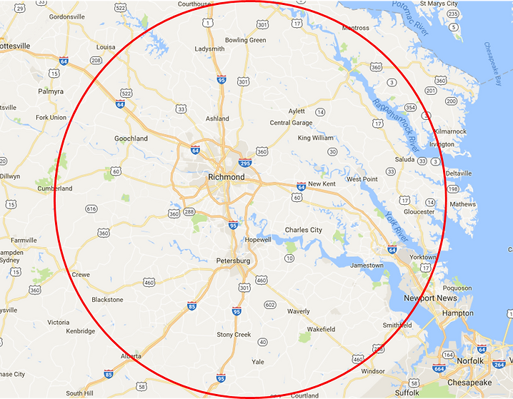 Piano tuning map of Richmond, Petersburg, Colonial Heights, VA