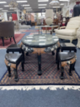 Shiny Black Lacquer Oriental Coffee Table with Glass Top - Six Stools Included