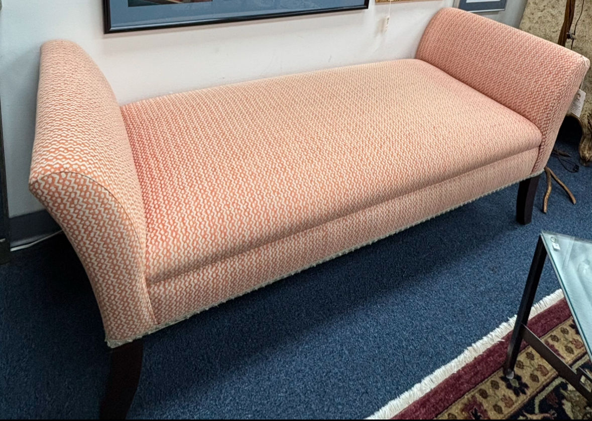 Custom Upholstered Curved Arm Bench in Saffron Print Fabric