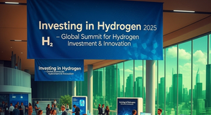 People at a hydrogen summit in a modern city venue. Large blue banners read "Investing in Hydrogen 2025." Skyline visible through glass.