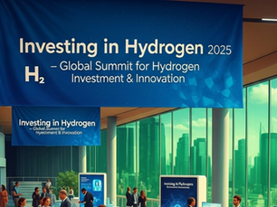People at a hydrogen summit in a modern city venue. Large blue banners read "Investing in Hydrogen 2025." Skyline visible through glass.