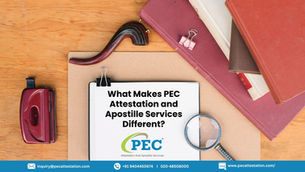 Clipboard with text "What Makes PEC Attestation and Apostille Services Different?" on table with books, magnifying glass, red stapler, and pipe.