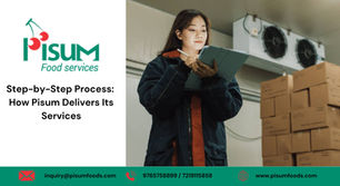 Woman in a warehouse inspects a clipboard near stacked boxes. Pisum Food Services logo and contact info displayed on the left.