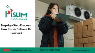 Woman in a warehouse inspects a clipboard near stacked boxes. Pisum Food Services logo and contact info displayed on the left.
