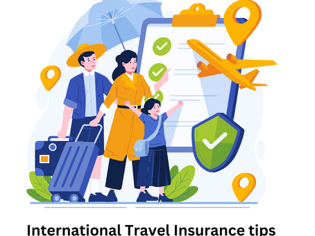 Family traveling with luggage under umbrella, checklist with green check marks, airplane, yellow location pins. Text: International Travel Insurance tips.