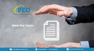 Hands frame a document icon on a gray background. "Meet the Team" and "PEC Attestation" appear, with contact info on a blue banner.