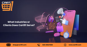 Shopping icons surround a smartphone on a dark background. Text asks, "What Industries or Clients Does Cart91 Serve?" Contact info included.