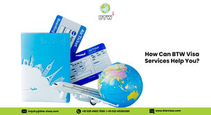 Blue passport, boarding pass, globe, and toy plane on white background. Text: "How Can BTW Visa Services Help You?" Contact info below.