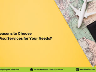 Yellow background with map, passport, plane, and car model. Text: "Top Reasons to Choose BTW Visa Services for Your Needs?" Contact details at bottom.