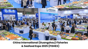 People explore seafood displays at the China Fisheries & Seafood Expo 2025. Numerous booths display fish and seafood, creating a bustling atmosphere.