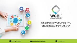 Hands interact with a tablet displaying social media icons. Colorful cubes with logos are nearby. Text: WGBL India Pvt. Ltd. logo and contact info.