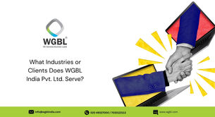 Two hands shaking emerge from laptops with blue suits. WGBL logo above text asking which industries they serve. Yellow accents, contact details below.