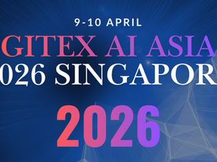 Blue background with "GITEX AI Asia 2026 Singapore" in vibrant gradient text, dates 9-10 April, creating an energetic event promo.