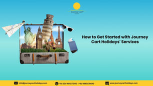 Journey Cart Holidays ad shows landmarks in an open suitcase against a blue sky. Text: "How to Get Started with Journey Cart Holidays' Services."