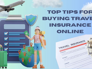 Cartoon travelers with passports, globe, and clipboard. Airplane and travel insurance document in background. Text: "Top Tips for Buying Travel Insurance Online".