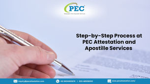 Hand holding a pen near a document with PEC Attestation logo and text: Step-by-Step Process at PEC Attestation and Apostille Services.