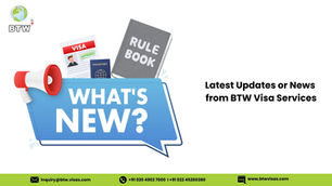 Megaphone, visa, passport, and rule book images with "What's New?" text on a blue banner. BTW Visa Services updates with contact info.