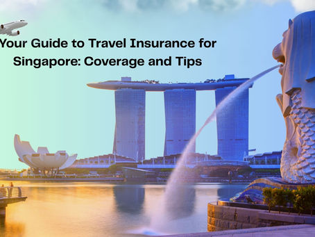 Merlion statue in Singapore with water spout, Marina Bay Sands in background. Airplane above. Text: "Your Guide to Travel Insurance."