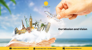 Hand holds illustrated global landmarks and plane above clouds. Text: "Our Mission and Vision". Blue sky backdrop. Journey Cart logo.
