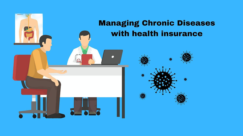 Doctor and patient discussing health at a desk with a laptop, anatomical poster behind. Title: "Managing Chronic Diseases with Health Insurance." Blue background, virus icons.