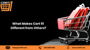 Shopping cart with red bags on a black background, text: "What Makes Cart 91 Different from Others?" Contact info at the bottom.