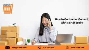 Woman on phone at desk with laptop, surrounded by boxes, in office. Text: "How to Contact or Consult with Cart91 Easily." Mood: Professional.