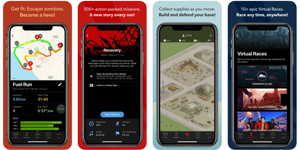Four screenshots of the Zombie Run app
