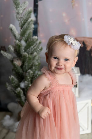 Little girl dressed in pink in front of a wintry backdrop