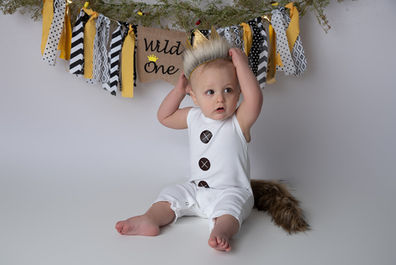 Photo of a little boy dressed like a fox in front of a banner that says "Wild One"