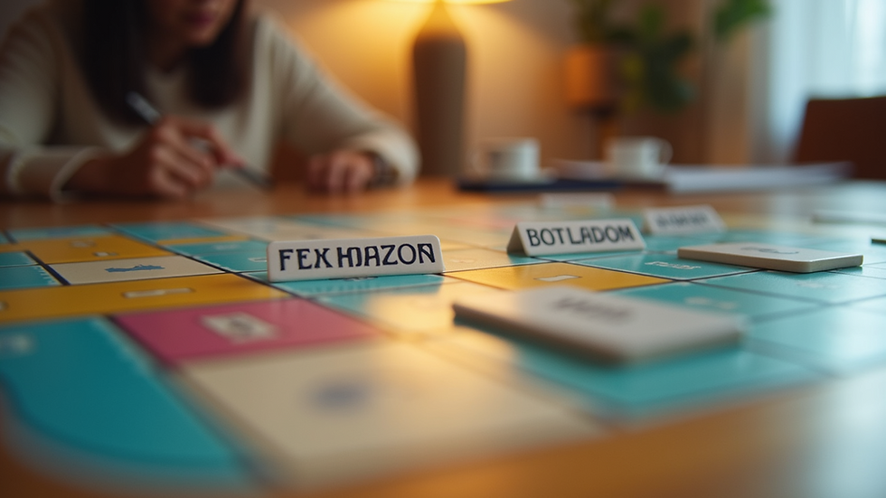 Eye-level view of a board game with bilingual word cards