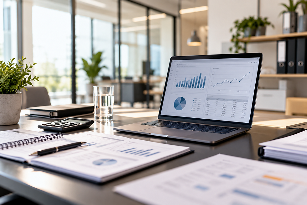 Arbeitsplatz mit Notebook und Unterlagen