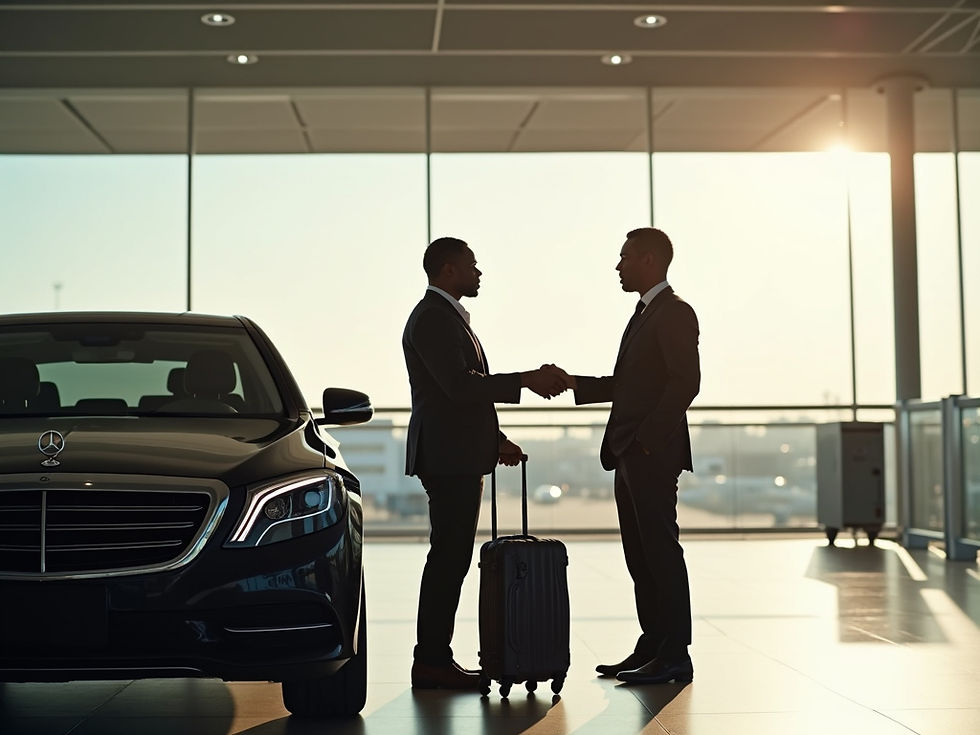 Businessmen shaking hands near private transportation services.