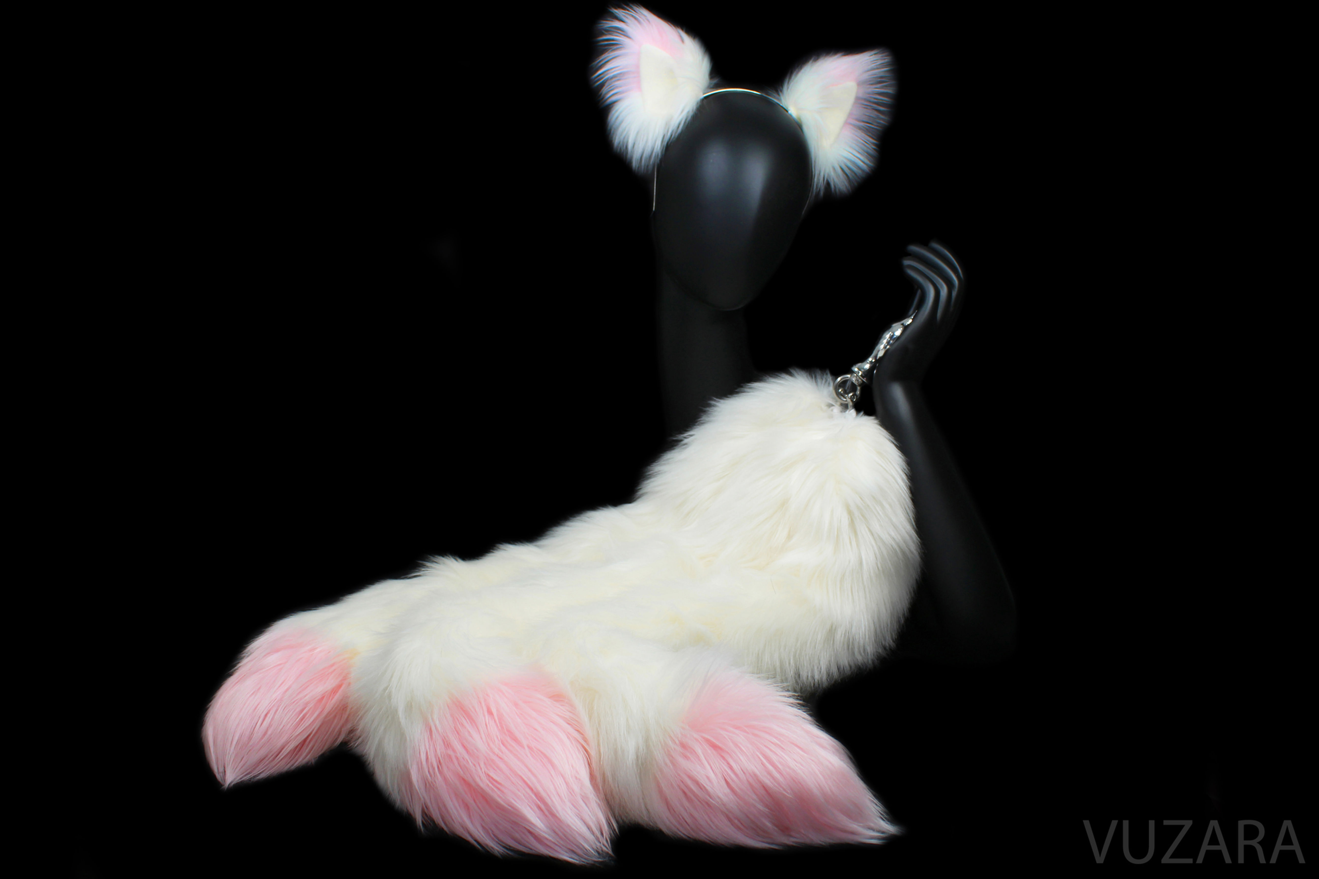 3 Tailed Kitsune 28" Faux Pink/White Tug Tail & Ears Set