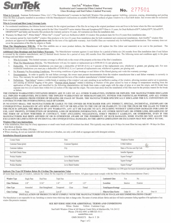 ARCHITECTURAL WARRANTY INTERIOR LS85373