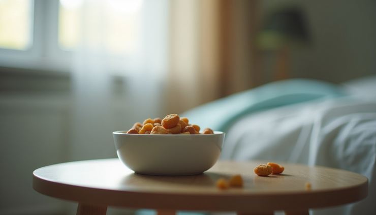 Eye-level view of a small bowl of soft food on a bedside table in a home hospice setting
