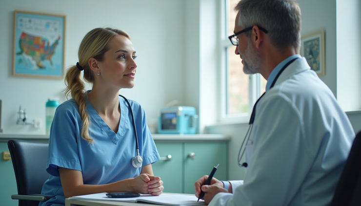 Eye-level view of a caregiver speaking with a doctor in a clinic room