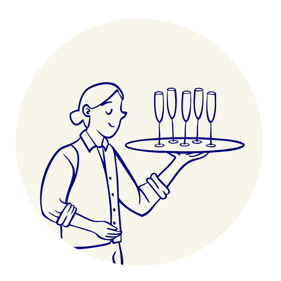 hand drawn server holding champagne glasses on a tray, illustration by Awenandco